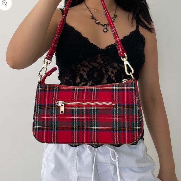 John Galt Red Plaid Mini Cotton Shoulder Bag - Picture 3 of 9